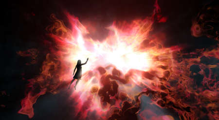 Nebula Interstellar clouds Panoramic View With Female Person Flying towards the light. Bright Star...