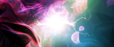 Nebula Interstellar clouds Panoramic View. Bright Star Shining. Abstract Digital Artwork. Space...