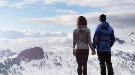 Man and Woman Standing Together enjoying the landscape view. Cloudy sunset art render. Adventure...