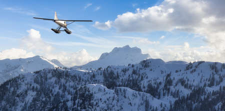 View of Canadian Mountain Landscape with Seaplane Flying. Dramatic Cloudy Sky Art Render. 3d...