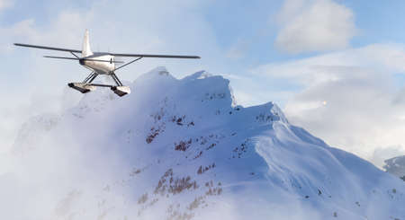 Single Engine Seaplane Flying over the Rocky Mountain Landscape. Adventure Composite. 3D Rendering...