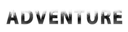 Adventure Black and White Word with fog and trees. Illustration Graphic Design Resourceの写真素材