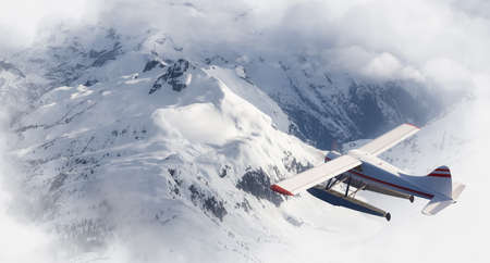 View of Canadian Mountain Landscape with Seaplane Flying. Dramatic Cloudy Sky Art Render. 3d...
