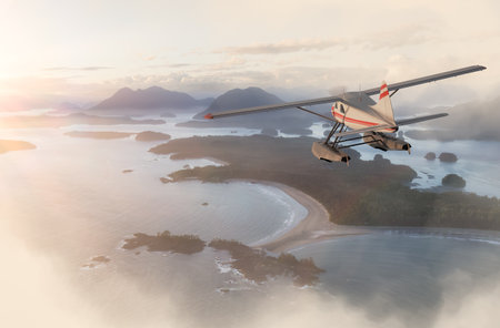 Seaplane Flying over the West Coast Pacific Ocean at sunset. Adventure Composite. 3D Rendering...