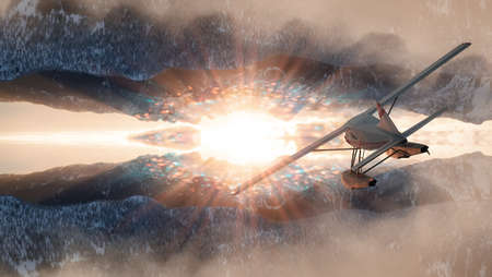 Magical Fantasy Aerial Landscape with a mirrored Mountain World with Seaplane. 3d Rendering Airplane...