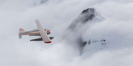 View of Canadian Mountain Landscape with Seaplane Flying. Dramatic Cloudy Sky Art Render. 3d...