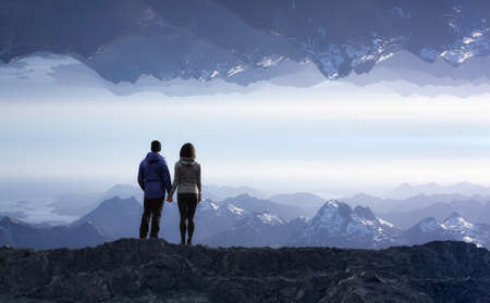 Fantasy Adventure Composite of Couple People holding hands on top of Mountain. Upside Down...