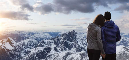 Man and Woman Standing Together with landscape view. Cloudy sunset art render. Adventure Composite....