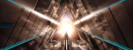 Dark abstract Sci Fi Triangle tunnel background. Man Standing with Glowing Light Rays. 3d Rendering