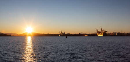 Vancouver Harbour Panoramic View. Industrial Port with Ships. Sunny Winter Sunrise. British...