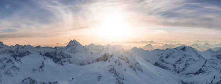 Aerial Panoramic View of Canadian Rocky Mountain Landscape. Cloudy Sunset Sky Artistic Render. Located near Vancouver, British Columbia, Canada. Nature Background Panoramaの写真素材