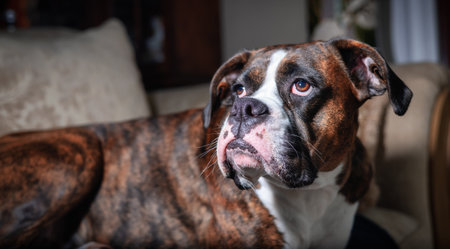Portrait of a cute female Boxer Dog relaxing on a couch at home.