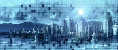 Futuristic City Building Skyline. Aerial Cityscape. Blue Color. Background from Downtown Vancouver, BC, Canada.の写真素材