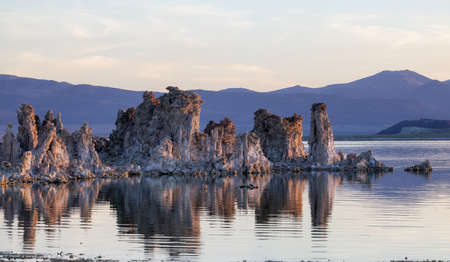Tufa towers rock formation in Mono Lake. Sunny Sunrise. Located in Lee Vining, California, United States of America. Nature Background.の写真素材