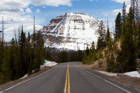Scenic Road, Snowy Mountain and Trees. Spring Season. Hayden Pass, Utah. United States. Nature Background.の写真素材