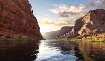 Colorado River in Glen Canyon, Arizona, United States of America. American Mountain Nature Landscape Background. Sunrise Sky Art Render.の写真素材