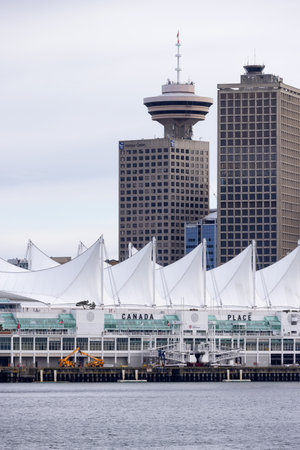 Downtown Vancouver, British Columbia, Canada - May 7, 2022: Canada Place in Coal Harbour. Modern Urban City Landmark.のeditorial素材
