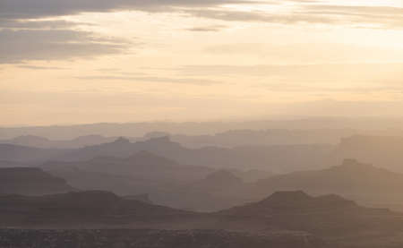 Scenic American Landscape and Red Rock Mountains in Desert Canyon. Spring Season. Canyonlands National Park. Utah, United States. Nature Background. Sunsetの写真素材