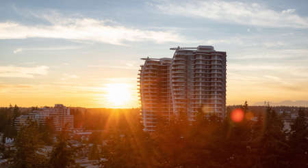 Aerial View of a New Residential Property Building. Modern Architectural Design in a suburban city....