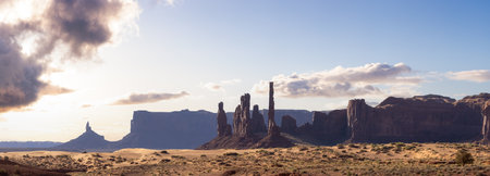Desert Rocky Mountain American Landscape. Morning Dramatic Sunrise Sky Art Render. Oljato-Monument Valley, Utah, United States. Nature Background Panoramaの写真素材