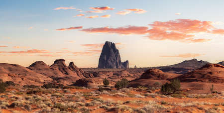 Desert Rocky Mountain American Landscape. Sunset Sky Art Render. Oljato-Monument Valley, Arizona, United States. Nature Backgroundの写真素材
