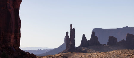 Desert Rocky Mountain American Landscape. Morning Sunny Sunrise Sky. Oljato-Monument Valley, Utah, United States. Nature Backgroundの写真素材