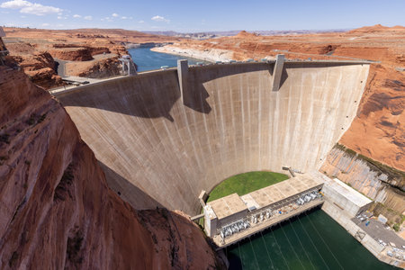 Glen Canyon Dam and Colorado River in Page, Arizona, United States of America. American Mountain Nature Landscape Background. Sunny Blue Sky Day.の写真素材