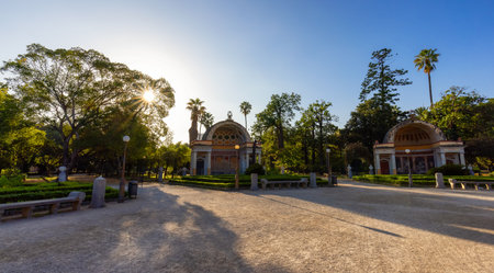 Path with vibrant green trees in city park, Villa Giulia. Palermo, Sicily, Italy.の写真素材