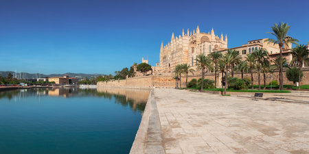 Catedral-Basilica de Santa Maria de Mallorca in Palma, Balearic Islands, Spain. Sunny Day. Panoramic Viewの写真素材