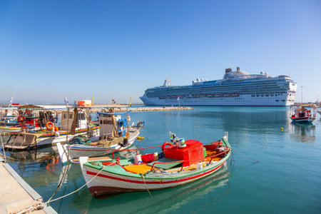 Small Fishing Boat in a touristic town by Ionian Sea. Katakolo, Greece. Sunny Sky.の写真素材