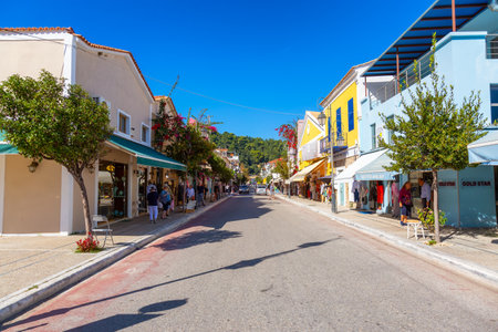 Katakolo, Greece - November 1, 2022: Street View with stores in Katakolon Market during sunny morning.のeditorial素材
