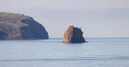 Stromboli Island with an Active Volcano in Tyrrhenian Sea. Italy. Sunny Morning Sunrise Sky. Nature...