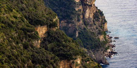 Rocky Cliffs and Mountain Landscape by the Tyrrhenian Sea. Amalfi Coast, Italy. Nature Background.の写真素材