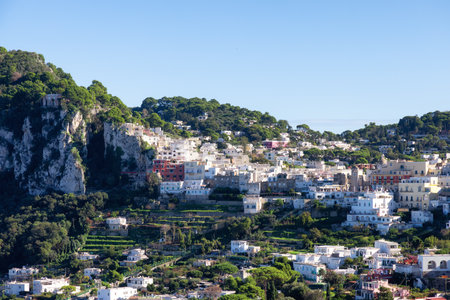 Touristic Town on Capri Island in Bay of Naples, Italy. Sunny Blue Sky.の写真素材