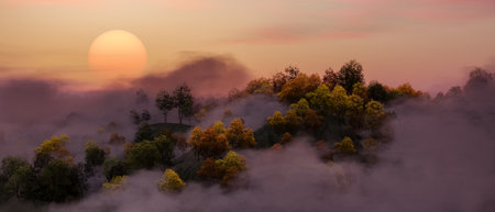 Colorful Trees on top of Mountain Landscape covered in fog. Cloudy Sunset Sky. Nature Background. 3d Rendering Art.の写真素材