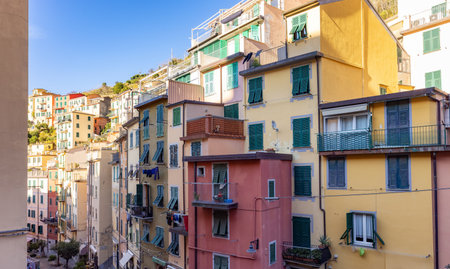 Colorful apartment homes in touristic town, Riomaggiore, Italy. Cinque Terre National Parkの写真素材