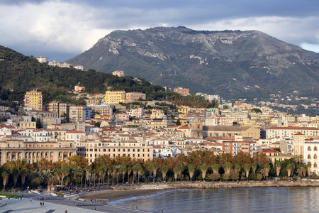 Touristic City by the Sea. Salerno, Italy. Aerial View. Cityscape and mountains backgroundの写真素材