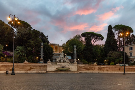 Landmark Square, Piazza del Popolo, in Downtown Rome, Italy. Cloudy Sunrise.の写真素材