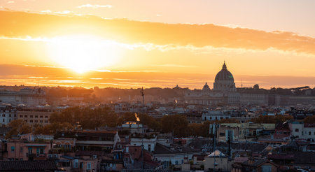 Old Historic Buildings in Downtown City of Rome, Italy. Cloudy Sunny Sunset Sky.の写真素材