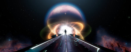 Dark abstract Sci Fi path with Outer Space and Planet in background. Man Standing with Glowing Light...
