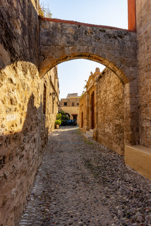 Streets and Residential Homes in the historic Old Town of Rhodes, Greece. Sunny Morning.の写真素材
