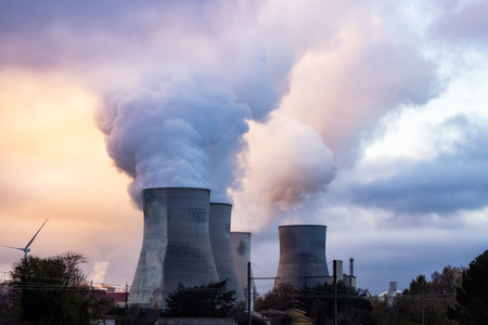 Nuclear Power Plant near Cruas, France, Europe. Colorful Sunrise Sky. Fall Season