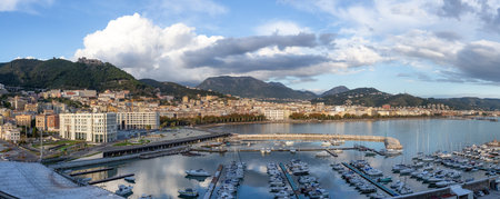Touristic City by the Sea. Salerno, Italy. Aerial View. Cityscape and mountains background Panoramaの写真素材