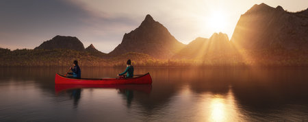 Couple adventurous people on red canoe paddling in calm water. Sunny and Foggy Atmosphere. 3d Rendering Mountain Landscape. Adventure Sport Conceptの写真素材