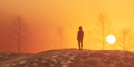 Woman Standing in Nature. Orange Sunset Sky. 3d rendering.の写真素材