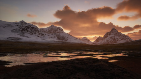 Rocky Mountain Peaks during golden Sunrise sky. 3d Rendering Artwork. Scenic View Background.の写真素材