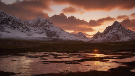 Rocky Mountain Peaks during golden Sunrise sky. 3d Rendering Artwork. Scenic View Background.の写真素材