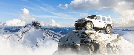 British Columbia, Canada - March 19, 2023: Jeep on top of snowy rock peak with mountain landscape in background. 3d Rendering Adventure Composition.のeditorial素材