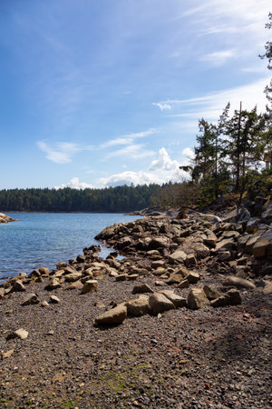 Rocky Shore on West Coast of Pacific Ocean in Nanoose Bay. Vancouver Island, British Columbia, Canada. Sunny Sky. Canadian Nature Backgroundの写真素材