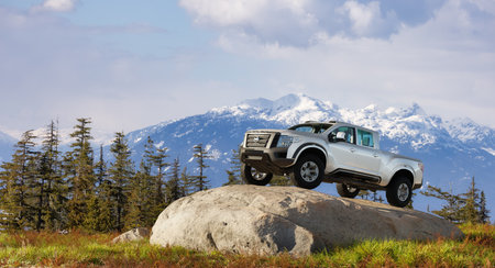 British Columbia, Canada - March 22, 2023: Nissan Titan pickup truck outdoors with Canadian Mountain Landscape in Background. 3d Rendering Vehicle and Rock. 3d Illustration.のeditorial素材